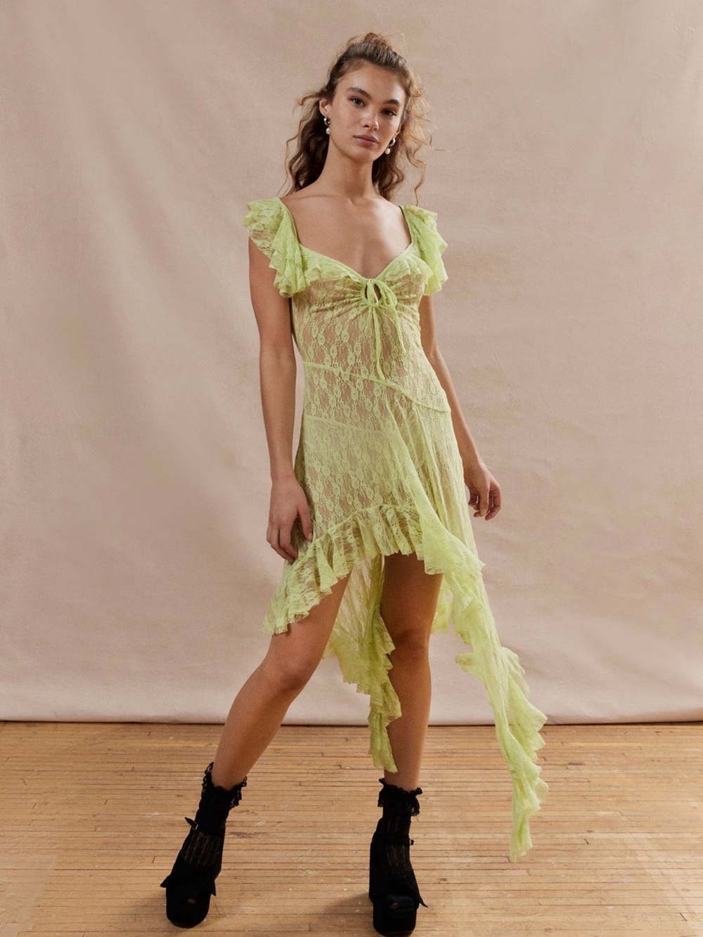 Romantic Fairycore Bright Green Yellow Lace Ruffled Midi Dress